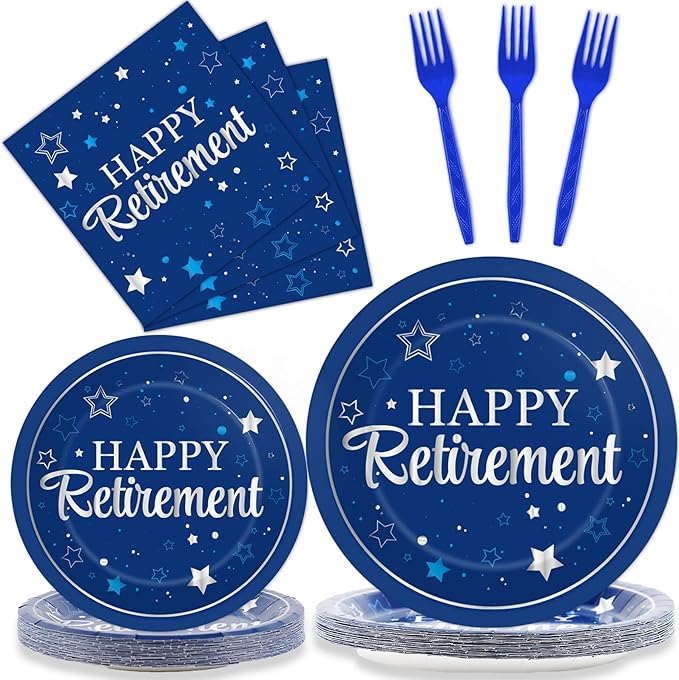 96Pcs Blue Retirement Plates and Napkins Blue Silver Retirement Party Decorations Blue Happy Retirement Party Supplies Disposable Party Paper Cake Dessert Plates for Men Woman Serves 24 Guests