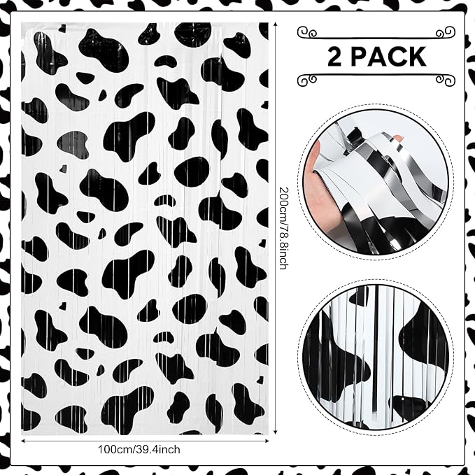 2 Pcs Cow Party Decorations 3.3 x 6.6 ft Black and White Cow Farm Foil Fringe Curtains Backdrop Tinsel Streamers for Photo Booth Farm Birthday Disco Cowgirl Rodeo Party Decor Supplies