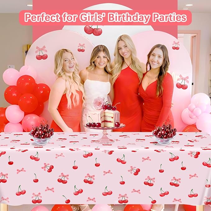 3pcs Cherry Birthday Decorations Tablecloths, Large Size Cherry and Bows Birthday Decorations Table Cloth for Cherries Themed Party, 54 x 108 Inch