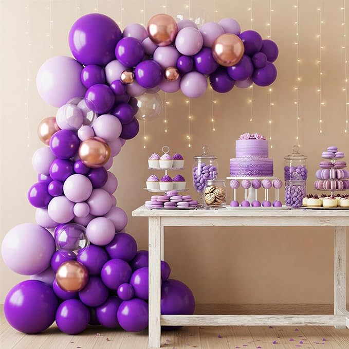 RUBFAC Dark Purple Balloons 129pcs Different Sizes Pack of 18 12 10 5 Inch, Latex Royal Purple Balloon Garland Arch Kit for Wedding Masquerade Birthday Party Decorations