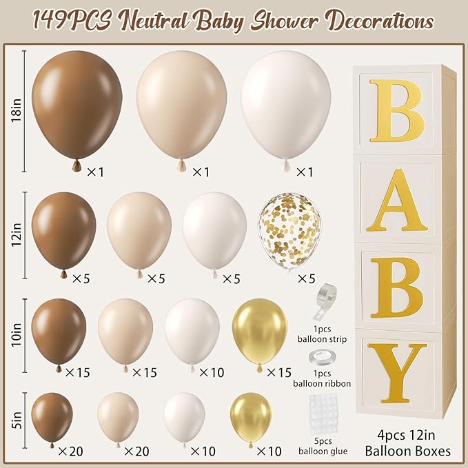 Neutral Baby Shower Decorations, Brown and Gold Balloon Arch Kit With Balloon Boxes Gold Letter for Neutral Bear Baby Shower Boho Gender Reveal Birthday Party Decorations Supplies