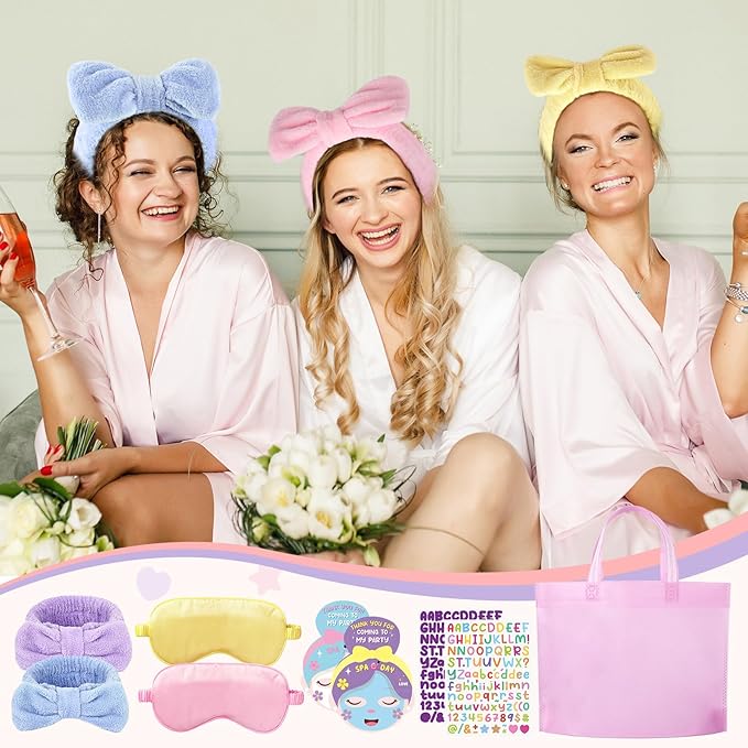72 Pcs Spa Sleepover Party Supplies for Girls With DIY Stickers And Greeting Card Mix Color Headband Wristbands Eye Mask Hair Scrunchie Tote Bag Sleeping Slumber Party Favors