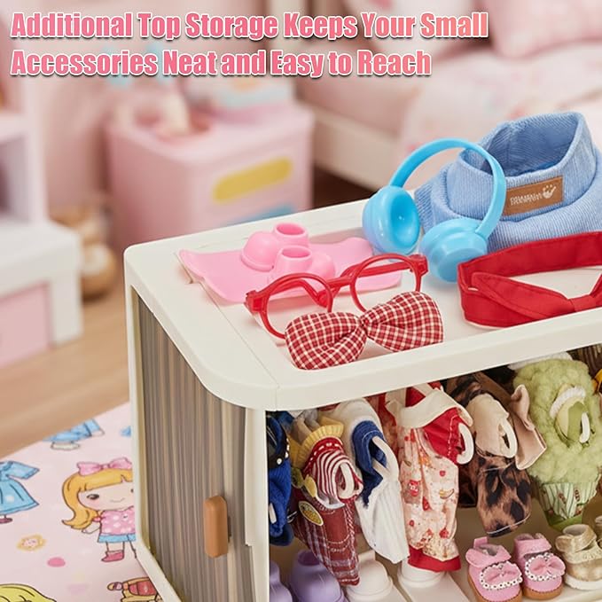 Foldable Doll Wardrobe Closet Compatible with Labubu Clothes – Stackable Storage Box with 10 Hangers, Rod & Display Shelf for 15/17cm Doll Outfits (Translucent)