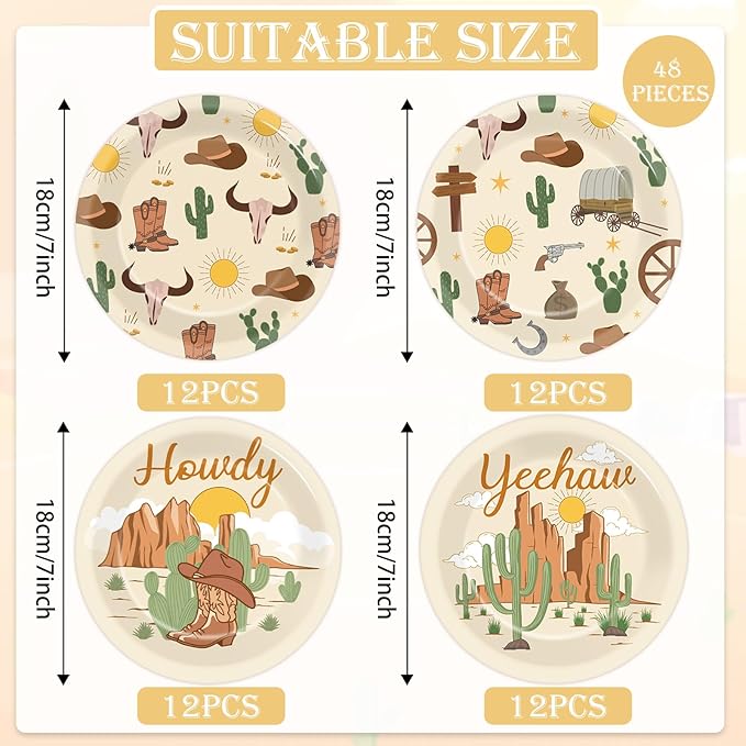 CHUNNIN 48Pcs Western Cowboy Rodeo Party Paper Plates for Wild West Theme Party Supplies 7" Howdy Cowgirl Yeehaw Birthday Party Disposable Plates for Baby Shower Favors Party Decorations