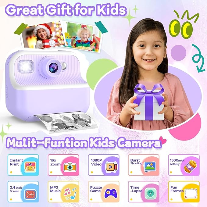 Kids Camera Instant Print, Toys for 3-12 Year Old Girls Christmas Birthday Gifts, 48MP Kids Selfie Digital Camera, 1080P HD Children Video Recorder, 2.4" Toddler Camera with Print Paper