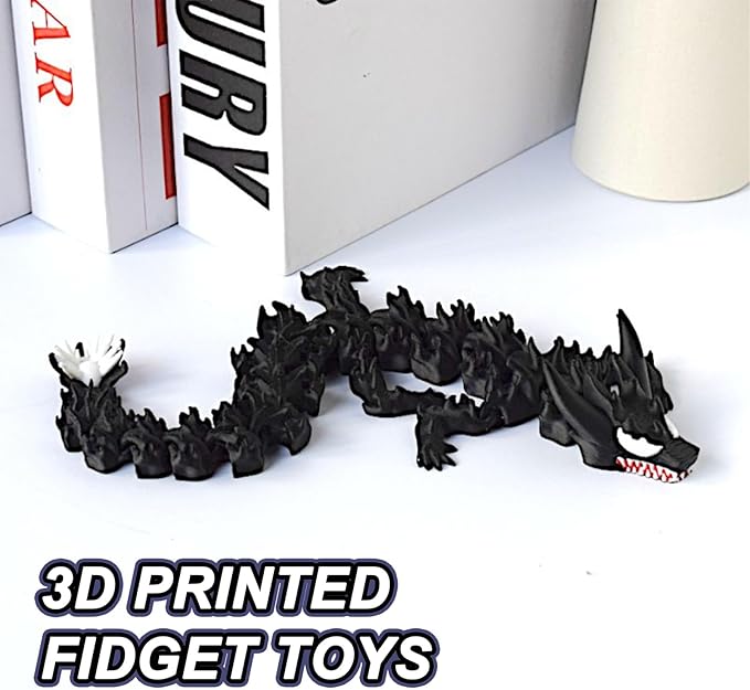 3D Printed Dragon,3D Printed Dragon Model,Flexible Articulated 3D Dragon Fidget Toy,Unique 3D Printed Animals Gift and Desktop Decoration (Black-10 inch).