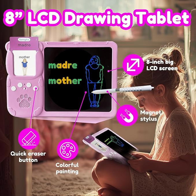 Drawing Tablet with Bilingual Flashcards for Kids - Italian English Talking Flash Cards, LCD Writing Pad Board, Pocket Speech for Toddlers, Learning Toy Gift for Boys Girls (Italian, Pink)