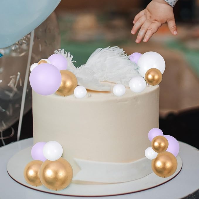 Gyufise 30Pcs Ball Cake Topper Ball Cake Picks Colorful Pearl Ball Shaped Cupcake Insert Cake Topper for Babyshower Birthday Party Favors Wedding Decoration Supplies Purple White Gold