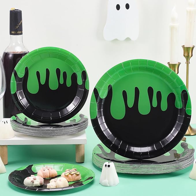 48 Pcs Ghost Party Paper Plates Green and Black Disposable Dessert Plates Set for Kids Boys Girls Birthday Themed Party Supplies Halloween Decorations, 7 Inches and 9 Inches