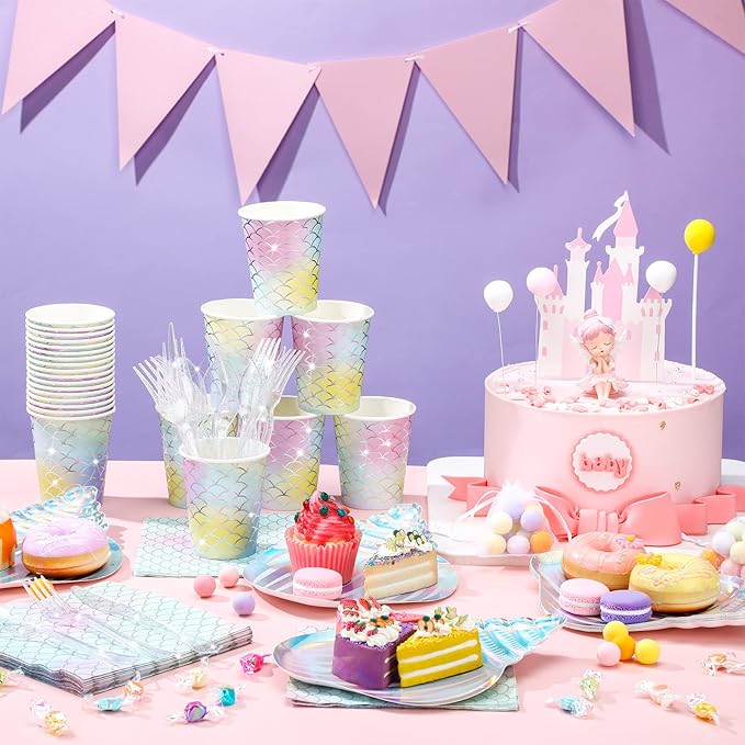 144 Pcs Mermaid Party Supplies Tableware Mermaids Themed Decorations Under the Sea Party Dinnerware Set Includes Plates Napkins Cups Spoons Fork Knives for Baby Shower Birthday Party(Elegant Style)