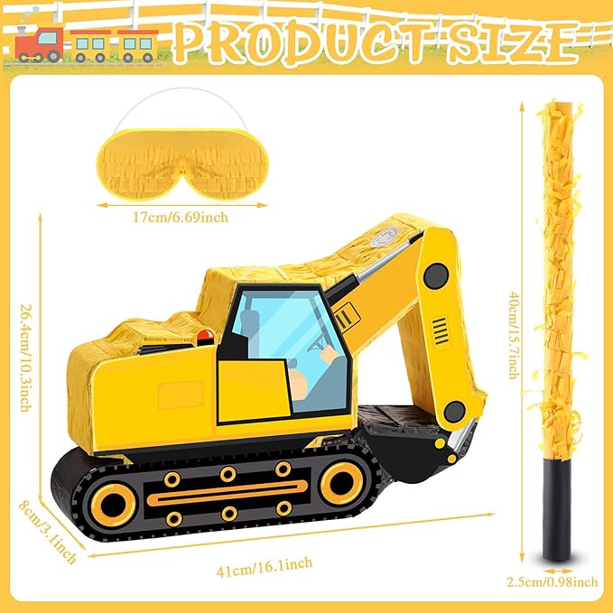 Aoriher Construction Dump Excavator Piñata with Blindfold and Bat Tractor Truck Piñata for Birthday Party Supplies Construction Theme Decor