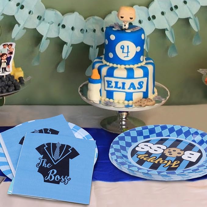 Serve 24 Guests Boss Birthday Party Supplies - 7in Paper Plate Trays and 4.9in Tissue Napkins, for Boy Black Blue Baby Shower Boss First 1st One Year Old Birthday Decorations