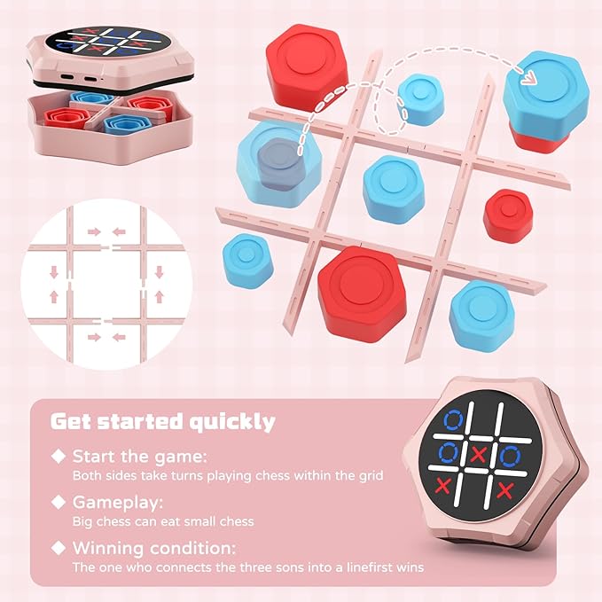 Tic Tac Toe Bolt Game,5-in-1 Handheld Puzzle Games Console,Electronic Tic Tac Toe Game for Educational&Memory,Portable Travel Games for Car Ride with Silent Mode,Toys Gift Idea for Kids & Family-Pink