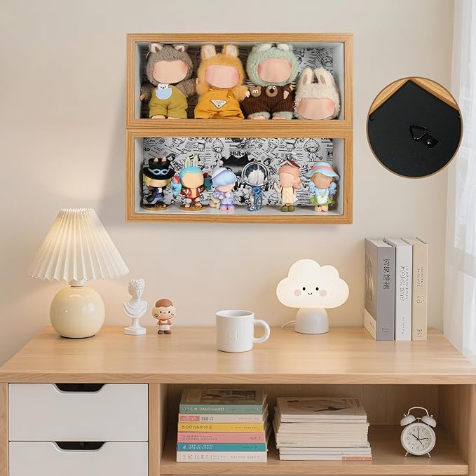 Display Case for Figures, Wooden Dustproof Showcase with Changeable Background Panels, Desktop Collector Box for Mini Dolls, Blind Box Toys, Anime Figures & Collectibles