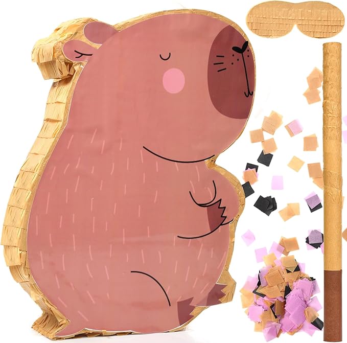 Capybara Piñata for Kids Birthday Party 15.7 x 10 x 2.8 Inches Animal Piñata with Bat Blindfold and Confetti for Baby Shower Photo Props Cinco De Mayo Fiesta Decoration