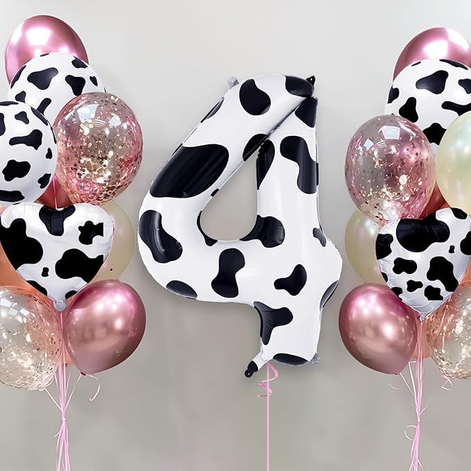 Cow Print Number 4 Balloon, Large 40 Inch Cow Number Birthday Balloons, Foil Mylar Number 4 Balloons for 4 Year Old Birthday Party Decorations Supplies Animal Farm Cowboy Cowgirl Themed Party