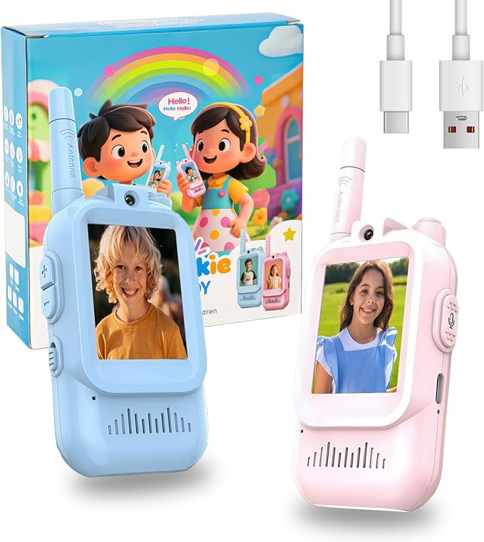 Video Walkie Talkies for Kids - 2 Pack with Real-Time Video & Voice Chat, Fun Voice Changer & Video Effects, Rechargeable, Long Range (500ft), Ideal for Indoor & Outdoor Play(Ages 3-12) (Blue+Pink)