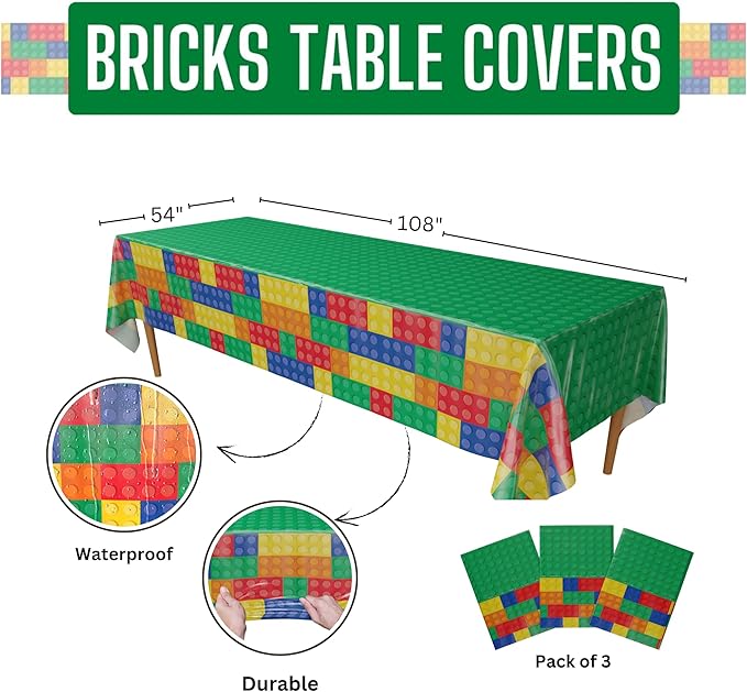 Blue Orchards Brick Table Covers (Pack of 3) - 54"x108" XL - Building Blocks, Gamer, Building Blocks Birthday, Kids Birthday Party, Decorations for Boys