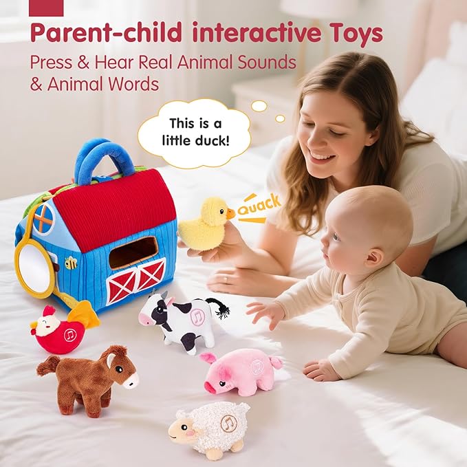 hahaland Baby Toys 6-12 Months - Surprise Barn with Stuffed Farm Animals with Real Sounds - Montessori Toys for 6 Month Old Baby 1 Year Old Boy Girl Gifts Toddlers Sensory Toy Easter Basket Stuffers
