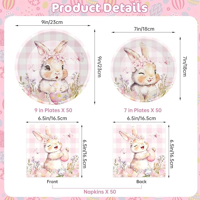 150 Pcs Easter Paper Plates and Napkins Sets Party Supplies - Disposable Cute Pink Plaid Easter Bunny Eggs Dinner Plate Napkin Paper Tableware for Spring Easter Table Decorations Party Supply,Serve 50