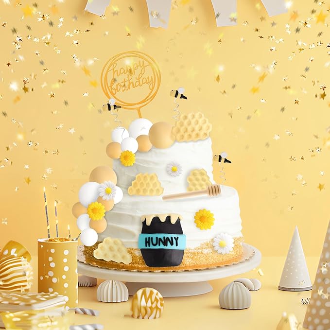 Hooqict 33 Pcs Bee Cake Decorations with Mini Honey Jar, Honeycomb, Honey Sticks, Bee Cake Toppers for Kids Boys Girls 1st 2nd 3rd Birthday Party Decorations Baby Shower