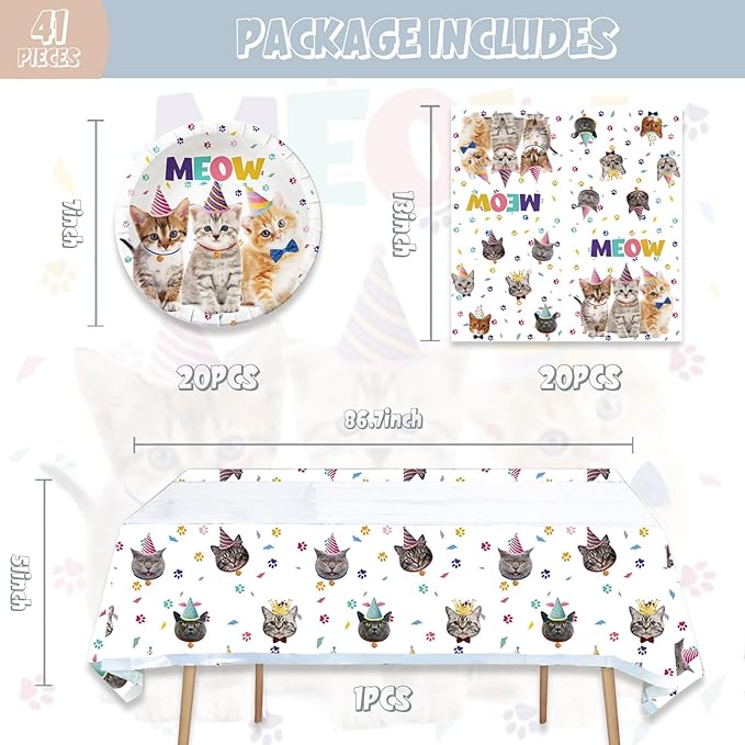 41pcs Cat Party Supplies,Pet Cat Birthday Party set Include dessert plate,Napkin and Tablecloth,Used for Cat Birthday Party Decoration
