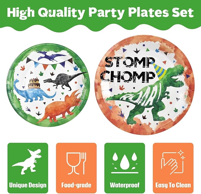 WERNNSAI Dinosaur Party Decorations - 64 PCS Dinosaur Plates Napkins and Forks Set Boys Birthday Party Decorations for Kids Baby Shower Dino Theme Parties Serves 16 Guests