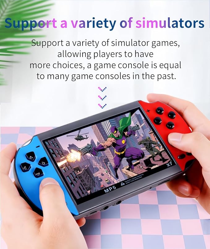 JXD Colorful Retro Video Game Console 4.3 inch Sreen 8GB Built-in 4000 Games Handheld ArcadeGame Console mini Portable Game Device Multiple Simulator MP3 MP4 E-Book Nostalgic Children's Gift(Bluered)