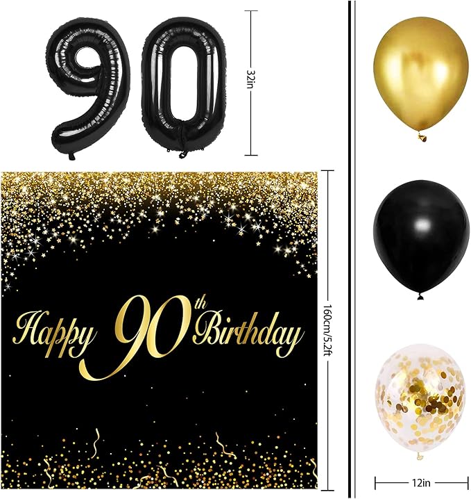 Happy 90th Birthday Balloons Black Set Decor - Cheers to 90 Years Old Party Theme Garland Banner Backdrop Decorations For Women and Men Supplies