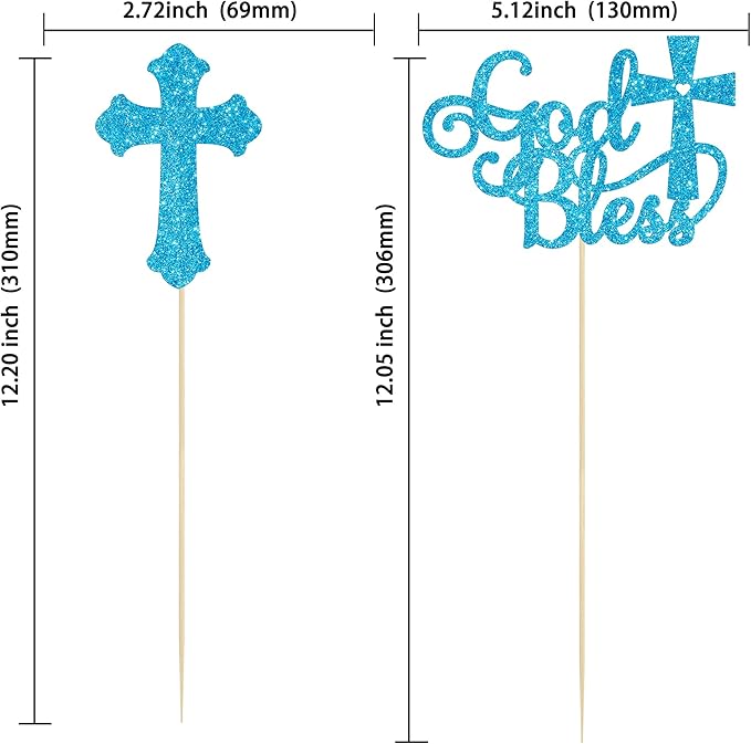 Gyufise 12Pcs God Bless and Cross Centerpiece Sticks Double Sided Cross God Bless Table Flower Centerpieces Sticks First Communion Baptism Decorations for God Bless Theme Party Supplies Blue