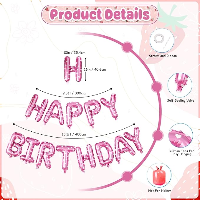 29PC Strawberry Happy Birthday Balloon Banner, 16Inch 3D Aluminum Letter Banner Sign, Red Hot Pastel Pink Printed Balloons 18 Inch Round Dot Foil Balloon for Fruit Strawberry Party Decoration