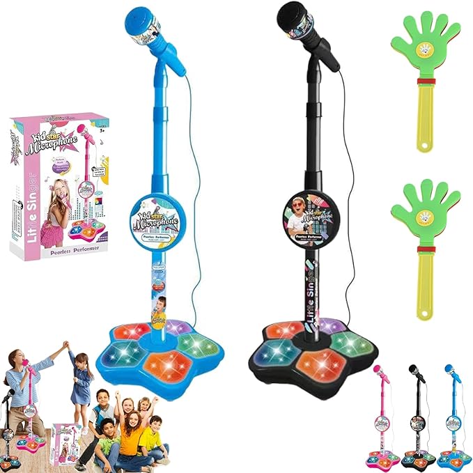 The All-in-One Microphone Toy, Kids Microphone with Stand, Adjustable Stand, Speaker & LED Lights, Funny Karaoke Microphones Toy for Singing, Boys & Girls (Black*Blue)
