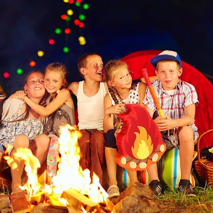 Camping Campfire Pinata with Stick and Blindfold Fake Flame Pinata for Boys Girls Kids Christmas Birthday Party Supplies Camping Adventure Party Photo Props Decorations