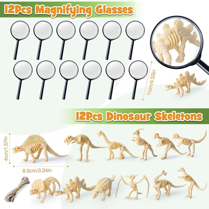 12 Sets Dinosaur Party Favors for Kids Birthday, Magnifying Glasses Luminous Keyring Dino Egg Sticker Dino Party Supplies with Skeleton Toy Silicone Bracelet Gift Bag Dino Theme Stuffer Fillers