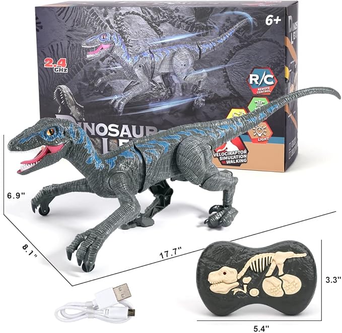 Mini Tudou Large Remote Control Dinosaur Toys 17.7",Electronic Walking Velociraptor with Lights and Sounds,2.4G Dinosaur Robot Toys Powered by Rechargeable Battery,RC Toy for Kids Boys Girls