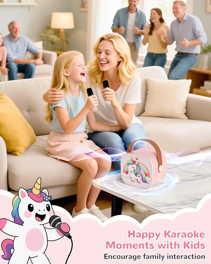 Mini Karaoke Machine for Kids,Portable Bluetooth Speaker with 2 Microphones,Rechargeable Battery,FM Radio,USB Playback,LED Lights for Boys & Girls Children's Gifts-Pink Pony