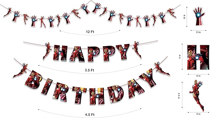 "Irn Man Theme Birthday Party Supplies – Superhero Party Decorations for Boys Girls – Includes Happy Birthday Banner, Cake Topper, Cupcake Picks, Garland, and Party Table Décor for Fans"