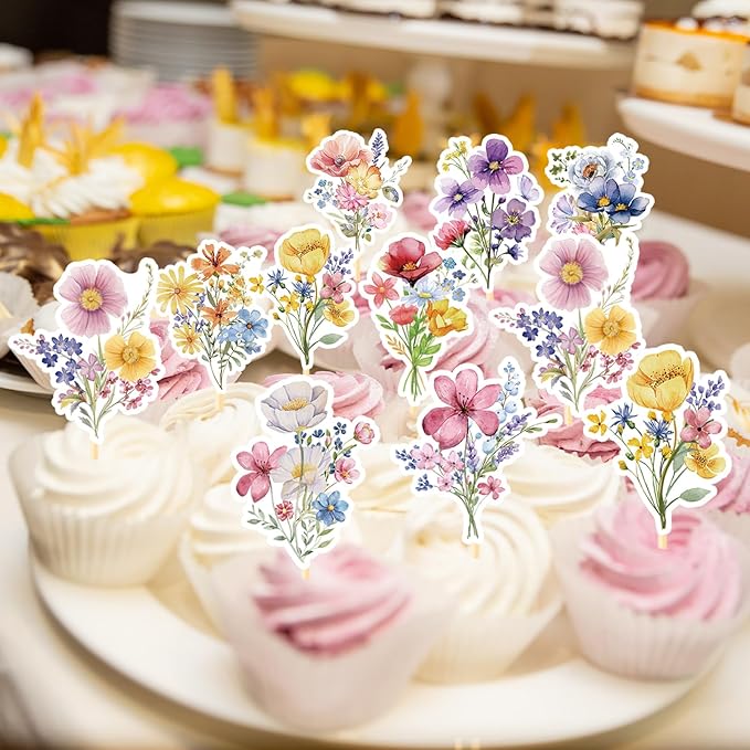 Wildflower Birthday Party Decorations, 36PCS Flower Floral Cupcake Toppers Decoration, Baby in Bloom Baby Shower Cupcake Picks Decor Party Supplies for Gilrs Women