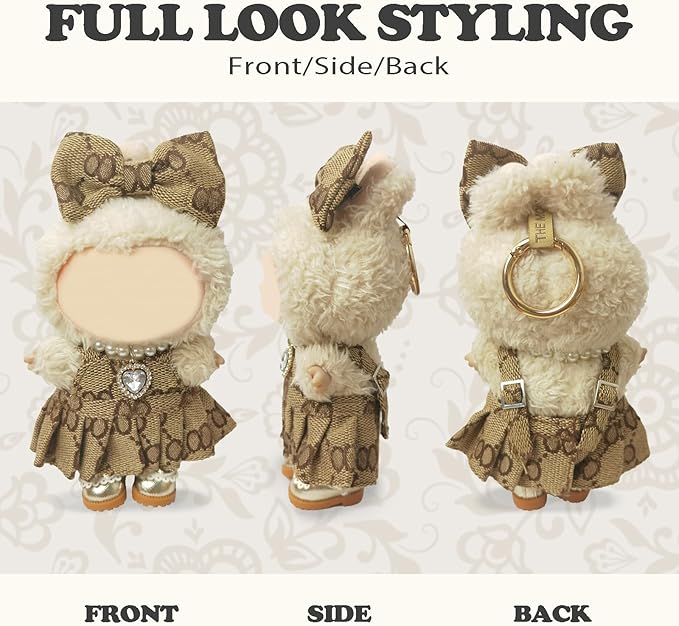 Clothes Compatible with LABUBU Doll - 4PCS Classic Set, 17cm Doll Clothes Designer Outfit for Elegant Vintage Theme, Stylish Luxury Accessories for Labubu, No Doll (Mocha Pearl Classic)