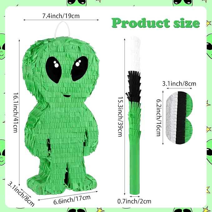 Alien Pinata with Stick and Blindfold Green Space Alien Birthday Party Decorations for Kids Boys Outer Space Theme Party Supplies