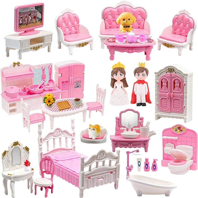 52 Pcs Dollhouse Furniture, Doll House Accessories and Furniture, Kitchen, Bedroom, Living Room, Bathroom Accessories, Miniature Dollhouse Accessories