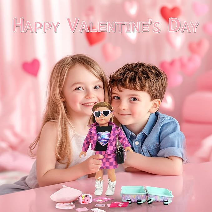 American 18 inch Doll Clothes Accessories Girl Suitcase Luggage Travel Set-Doll Clothing Hat Handbag Sunglasses Camera Computer Passport Cell Phone for Valentine's Day Birthday(NO Doll)