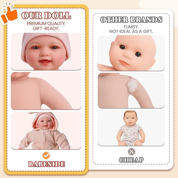 BABESIDE 15-Inch Lightweight Baby Doll with Baby Feeding Set – Easy to Hold with Cuddly Soft Body – Realistic First Doll Real Life Baby Girl for Kids 3+ Pretend Play