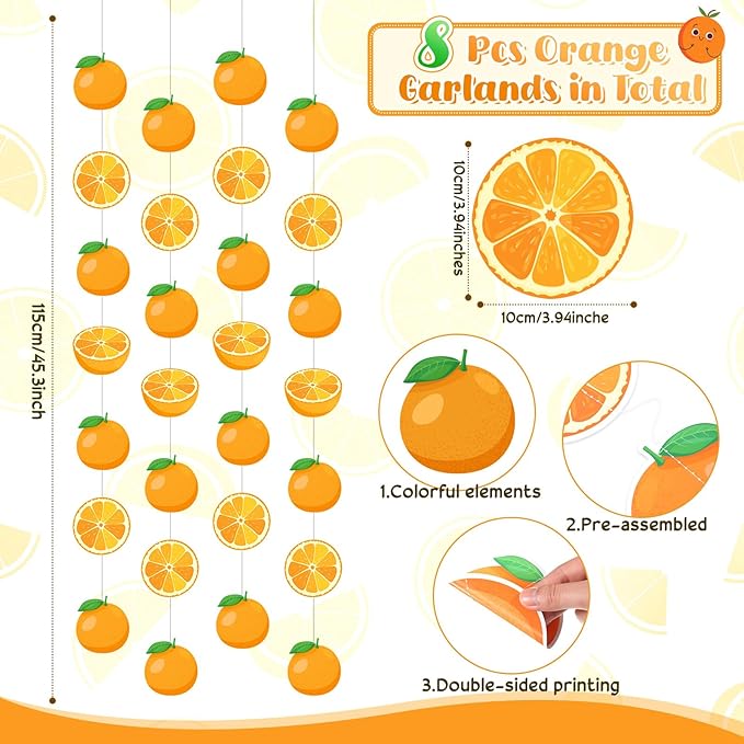 8 Pcs Orange Party Decorations Citrus Slice Birthday Hanging Garlands Banner Tangerine Paper Cutouts Streamer for Little Cutie Orange Baby Shower Wall Ceiling Spritz Decor Supplies