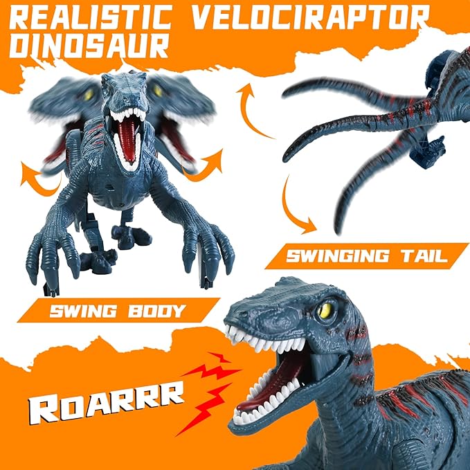 Large Remote Control Velociraptor Toy - Realistic Jurassic Walking Dinosaur with Lights & Sounds - STEM Toy for Boys Ages 5-7 & 8-12 Blue