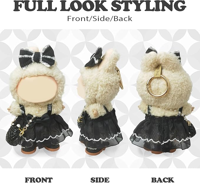 Clothes Compatible with LABUBU Doll – 4PCS Black Classic Dress Set, 17cm Doll Clothes Designer Outfit for Balletcore Elegance Theme, Chic Stylish Accessories for Labubu, No Doll (Black Swan Belle)