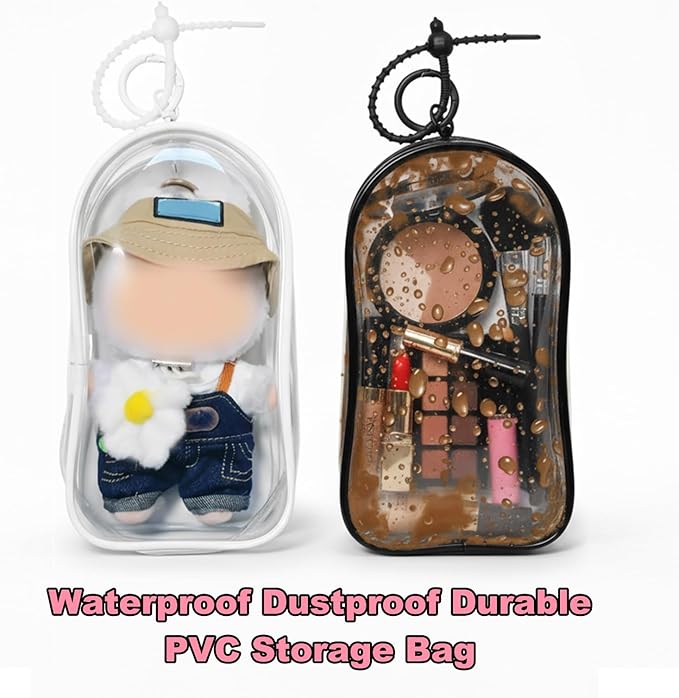 2Pcs Clear Display Case for 17/15cm Plush Doll -Portable Storage Bag with Keychain, Waterand Dust-Resistant,Protective Cover for Collectible Toys,Jewelry,Cosmetics,Ornaments,Data Line (White+Black)