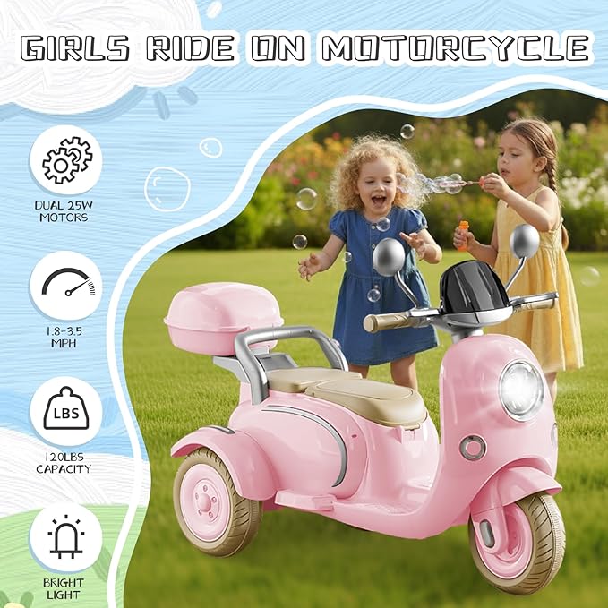 HEIMILI 12V Kids Electric Motorcycle for Girls, 3 Wheel Ride On Motorcycle for Kids 3-5 Years, Mini Battery Powered Motorbike with Bluetooth & MP3, Toddler Electric Ride On Toy, Pink