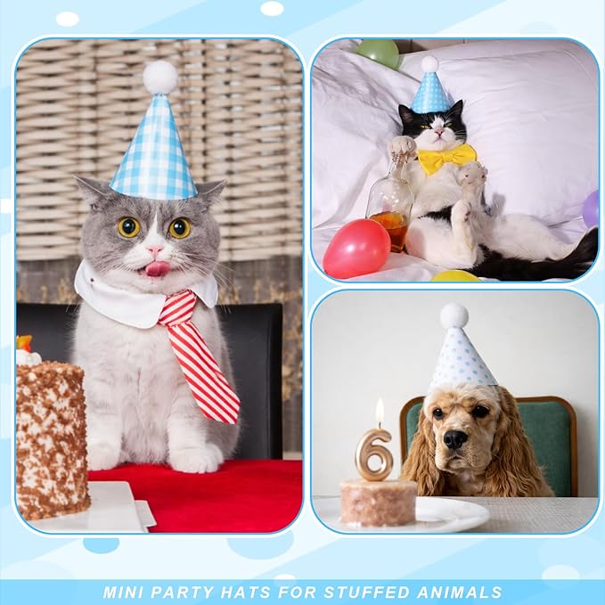 12 Pcs Mini Party Hats for Stuffed Animals, Felt Cone Hats with Pom Poms Baby Blue Polka Dot Checkered Mini Birthday Party Hat for Dolls Small Dogs Cats Birthday Holiday Pet Accessories