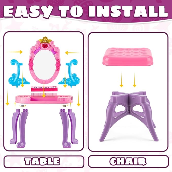 Vanity Makeup Table Toy for Kids, Toddler Girl Pretend Play Makeup Accessories- Princess Dress Up Set, Music Piano & Lights, Adjustable Mirror, Hairdryer, Mermaid Table & Chair Kit, Birthday Gift